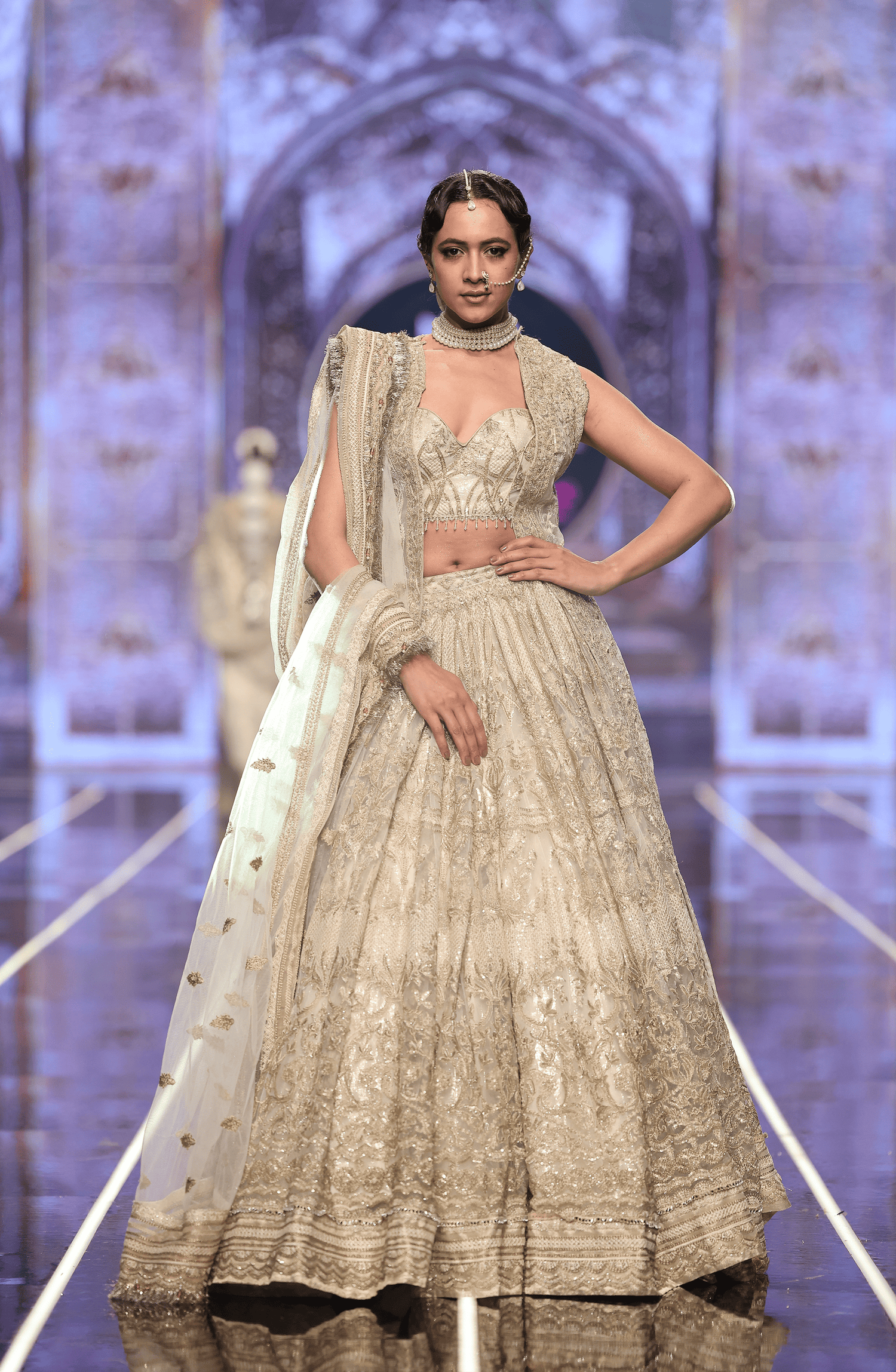 HSY | BCW-01 - Net Lehenga Choli With Tabard-Elegant BCW-01 net lehenga choli with embroidered tabard, front view.