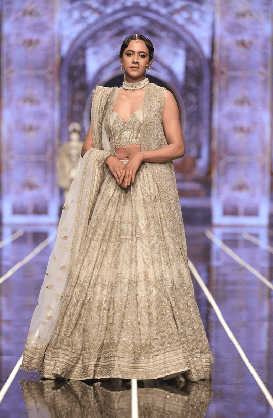 HSY | BCW-01 - Net Lehenga Choli With Tabard-Full outfit view of BCW-01 designer net lehenga choli with tabard.