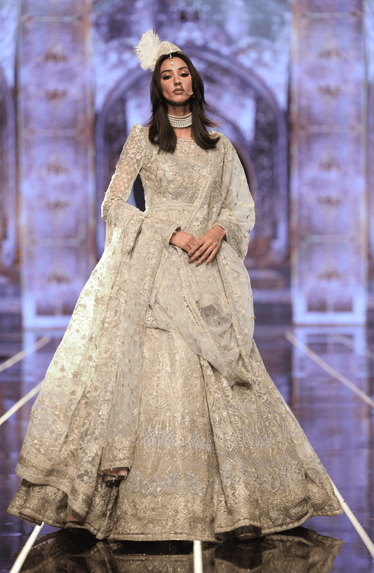 HSY | BCW-02 - Net Peplum Lehenga Ensemble-Elegant BCW-02 net peplum lehenga ensemble with embroidery, front view.