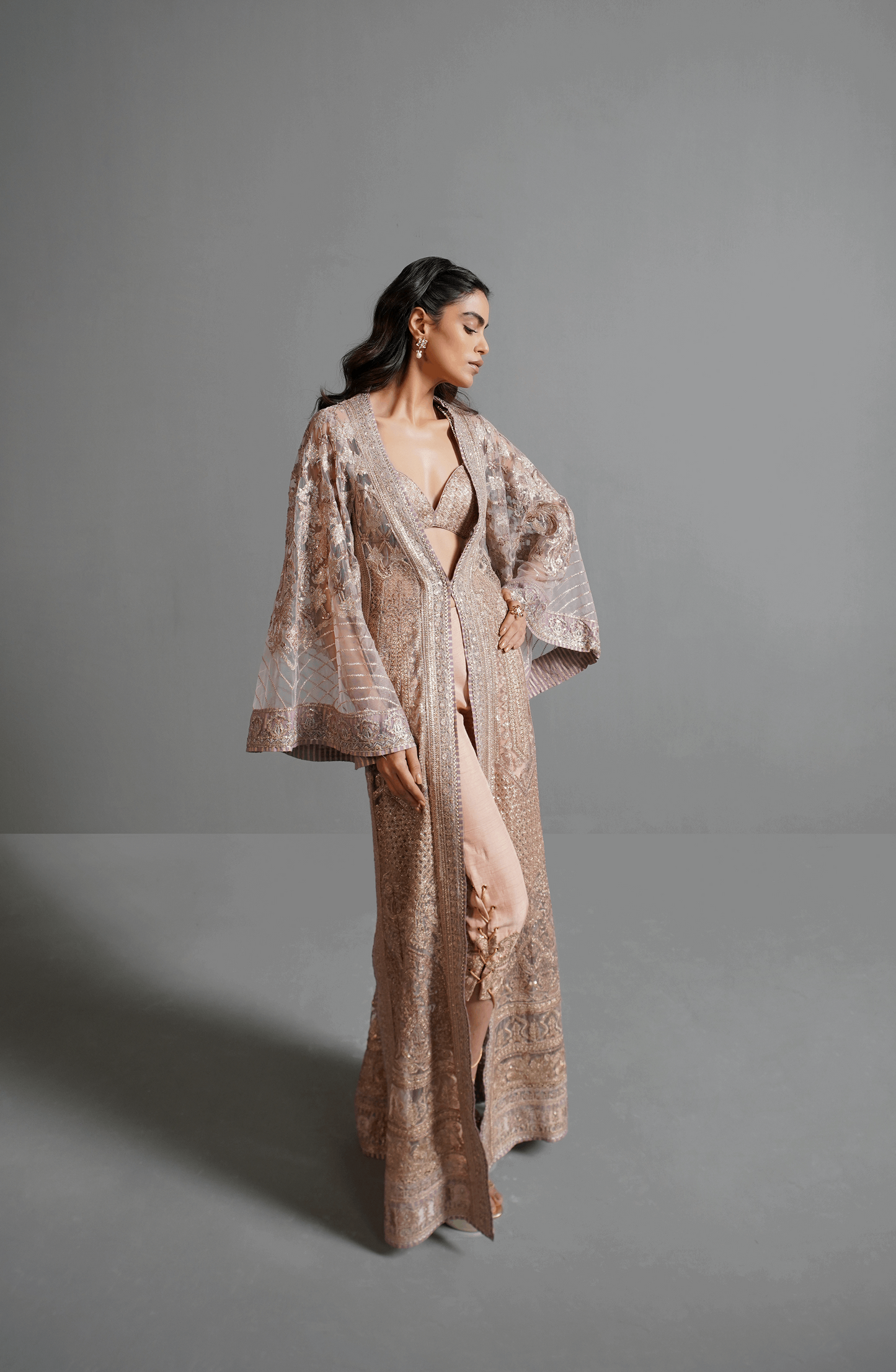 Champagne Pink - Beautiful Embroidered Ensemble-Traditional ethnic look styled in champagne pink embroidered ensemble for festive and wedding occasions.