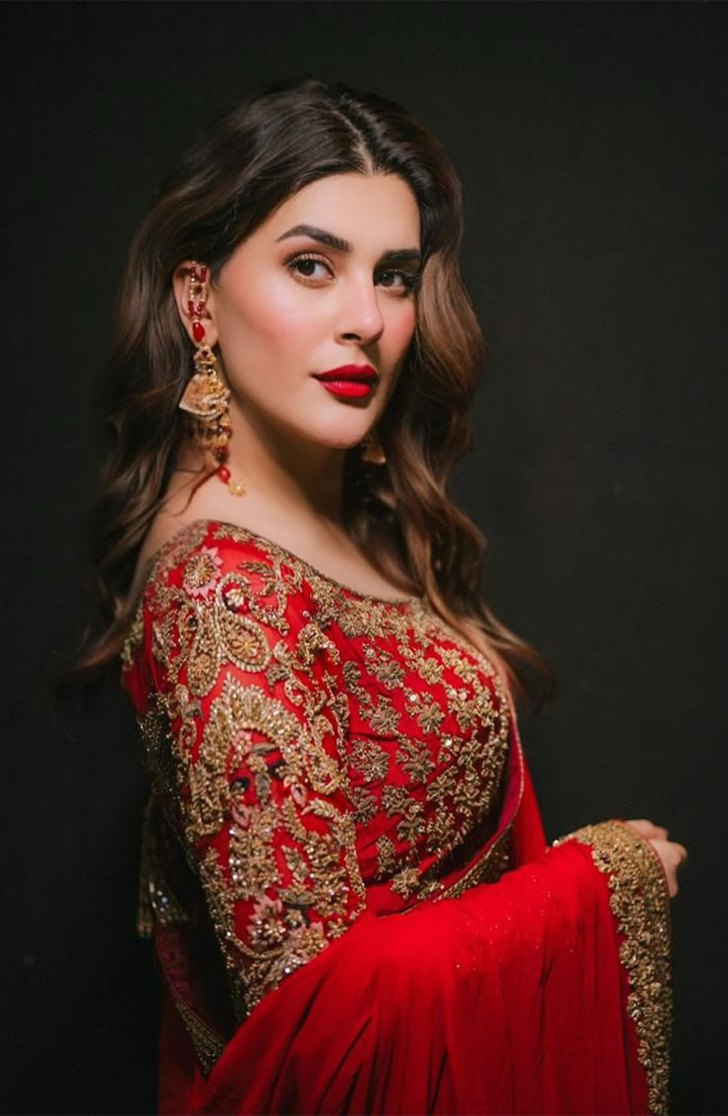 Side profile of elegant chiffon saree with gold lace and shikargah blouse
