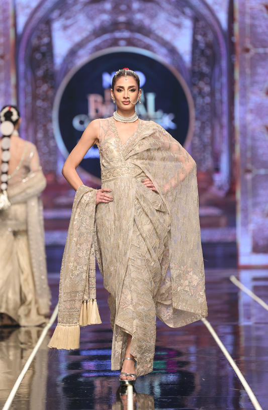 Pakistani Saree by HSY-Front view of contemporary stitched saree for women
