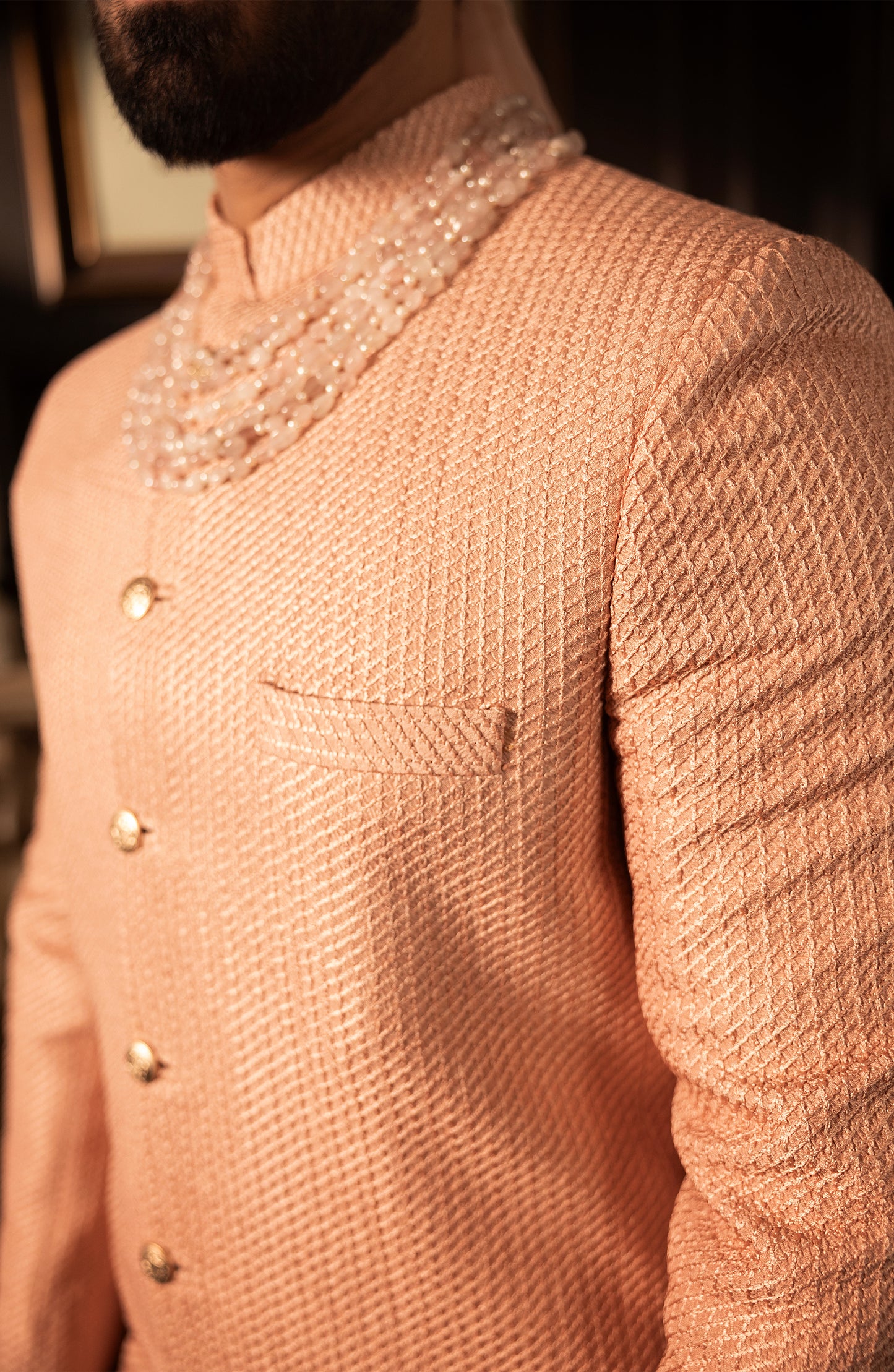 HSY Elegant Salmon Pink Sherwani in SilkDetailed neckline design of elegant salmon pink silk sherwani