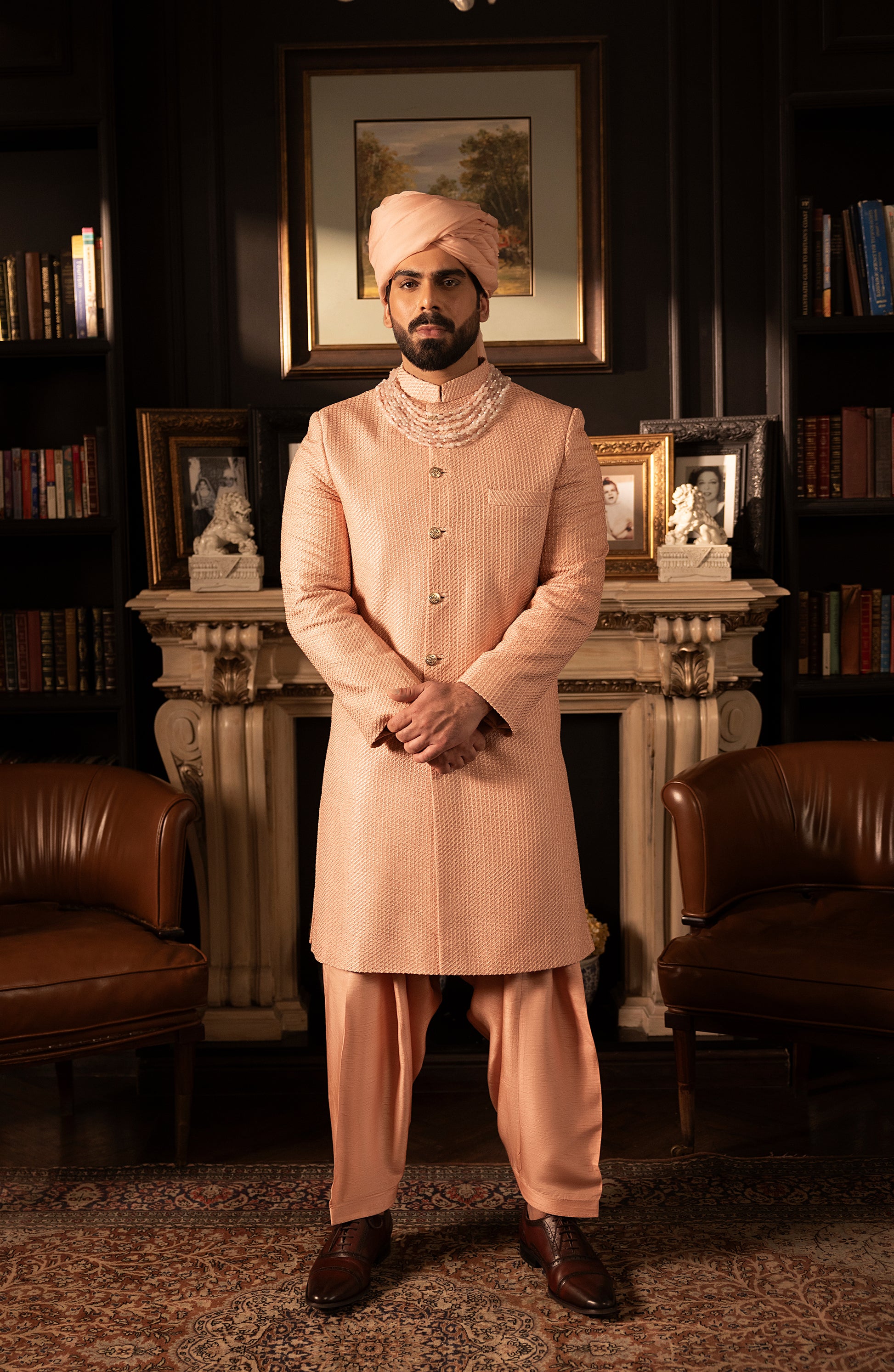 HSY Elegant Salmon Pink Sherwani in Silk-Front view of elegant salmon pink silk sherwani for weddings