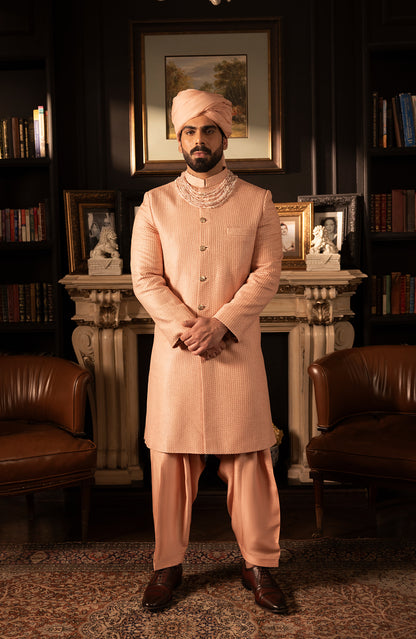 HSY Elegant Salmon Pink Sherwani in Silk-Front view of elegant salmon pink silk sherwani for weddings