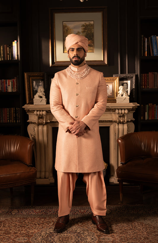 HSY Elegant Salmon Pink Sherwani in Silk-Front view of elegant salmon pink silk sherwani for weddings