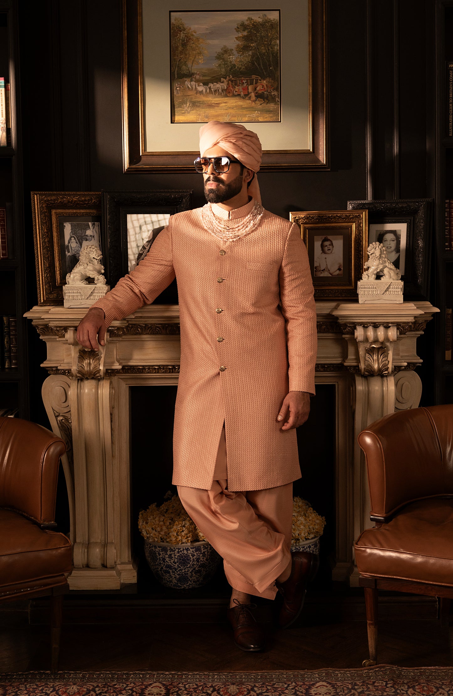 HSY Elegant Salmon Pink Sherwani in SilkFull outfit view of elegant salmon pink silk sherwani for men