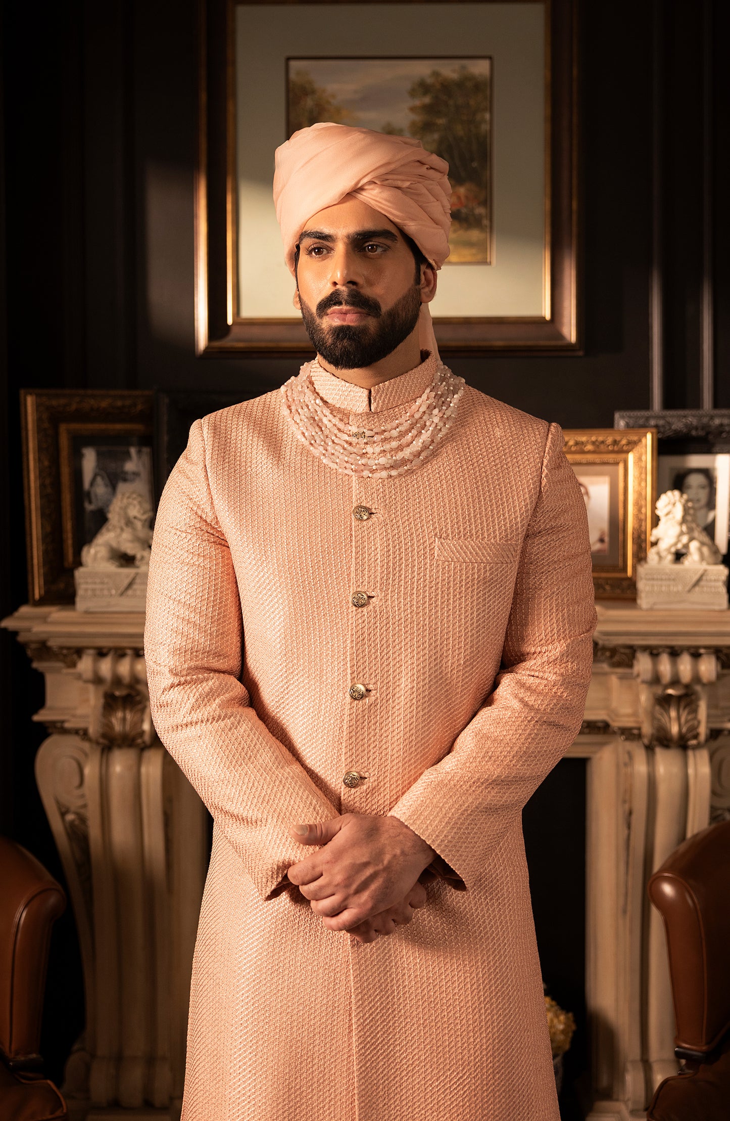 HSY Elegant Salmon Pink Sherwani in Silk-Intricate embroidery work on elegant salmon pink sherwani in silk