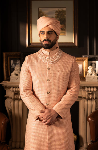 HSY Elegant Salmon Pink Sherwani in Silk-Intricate embroidery work on elegant salmon pink sherwani in silk