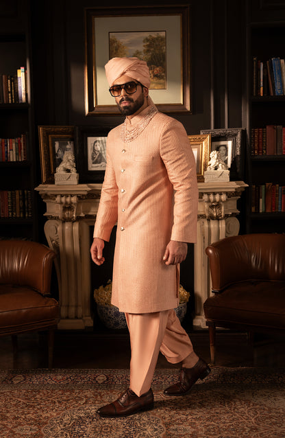 HSY Elegant Salmon Pink Sherwani in SilkSide profile of elegant salmon pink silk sherwani groom outfit