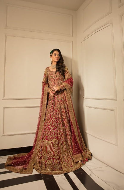 Bridal Embellished Front Open Gown with a Lehenga and a Dupatta-Model wearing Farzana Embellished Gown with Lehenga Dupatta