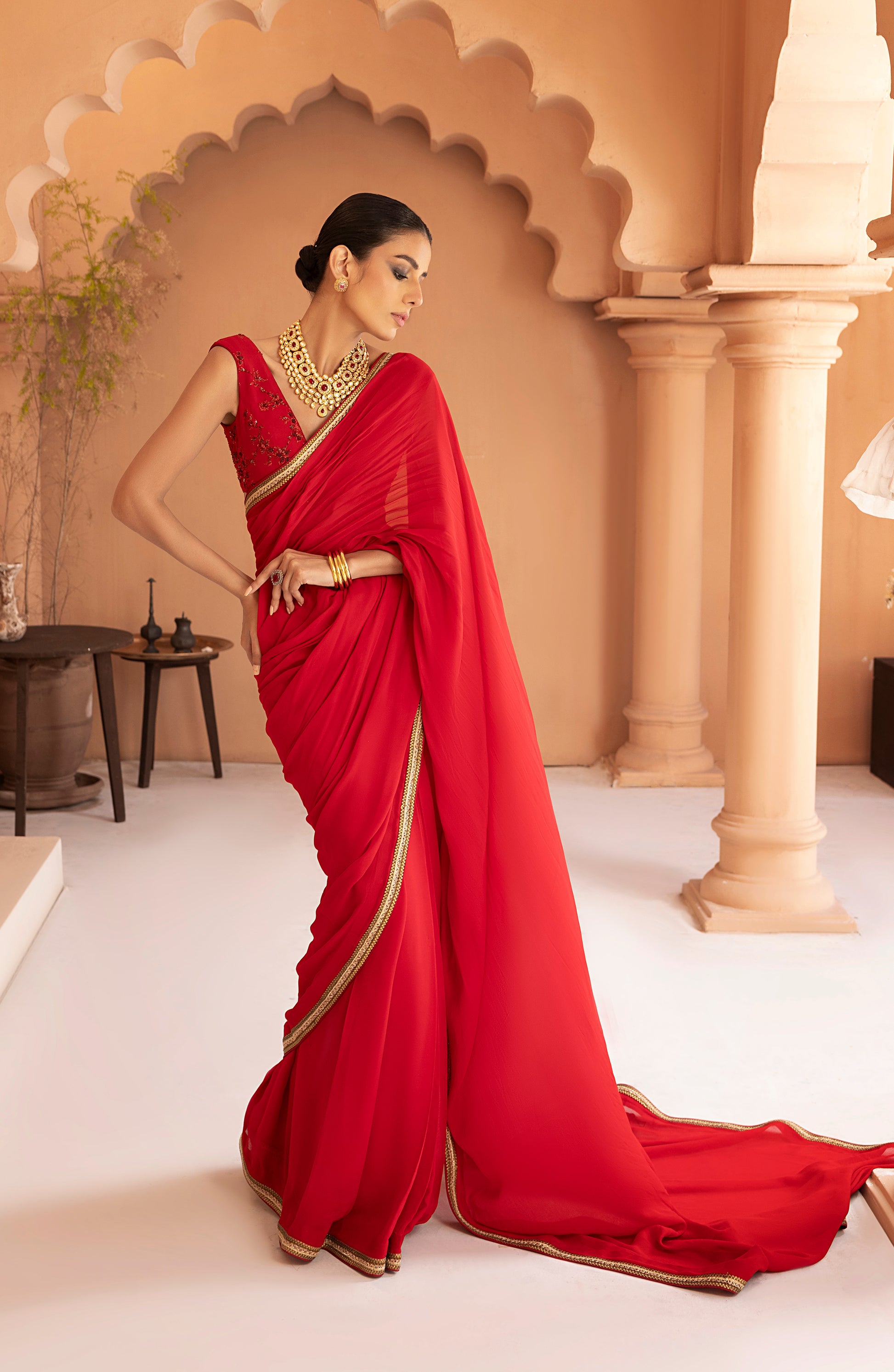 HSY Garnet Red - Georgette Chiffon Saree with Gold Lace and Blouse-Model wearing garnet red chiffon georgette saree with gold lace border