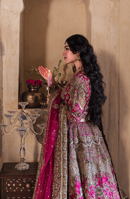 Studio shot of Gulistan Hot Pink bridal ensemble