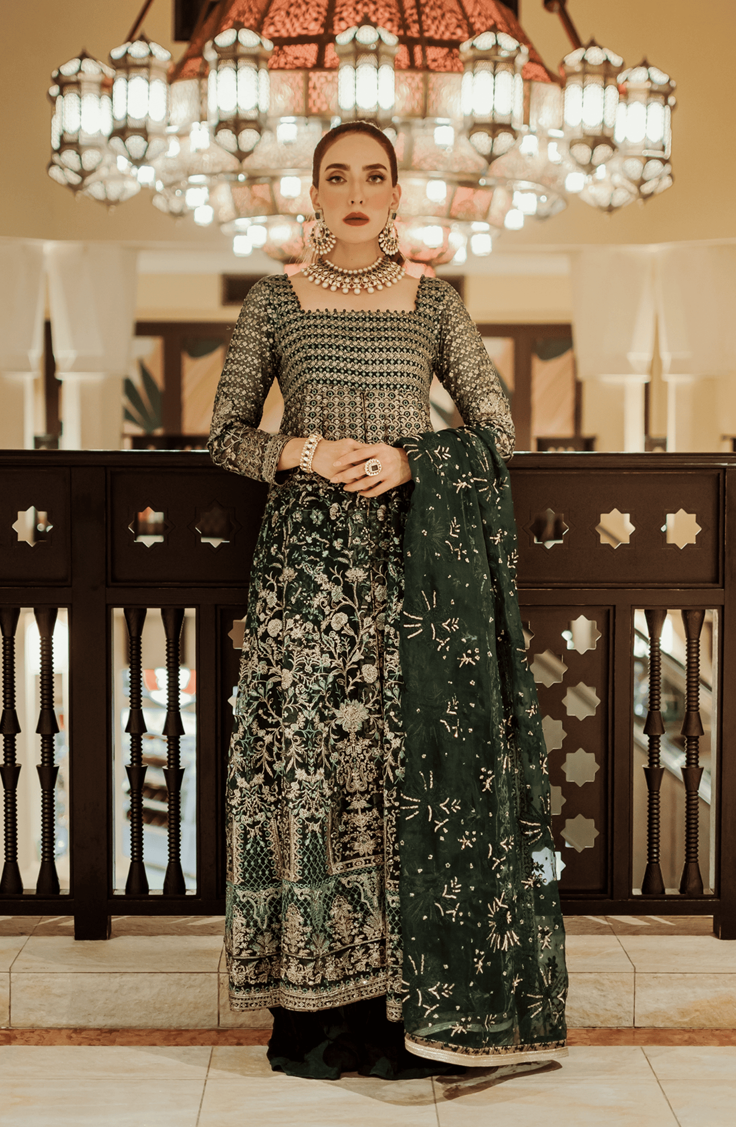 Hoor - Stunning Emerald Green Pishwas-Elegant Hoor emerald green pishwas with intricate embroidery, front view.