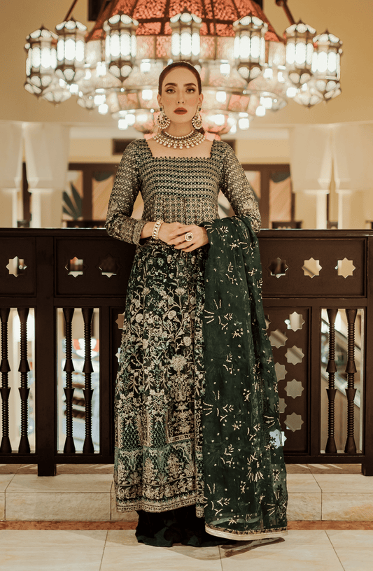 Hoor - Stunning Emerald Green Pishwas-Elegant Hoor emerald green pishwas with intricate embroidery, front view.