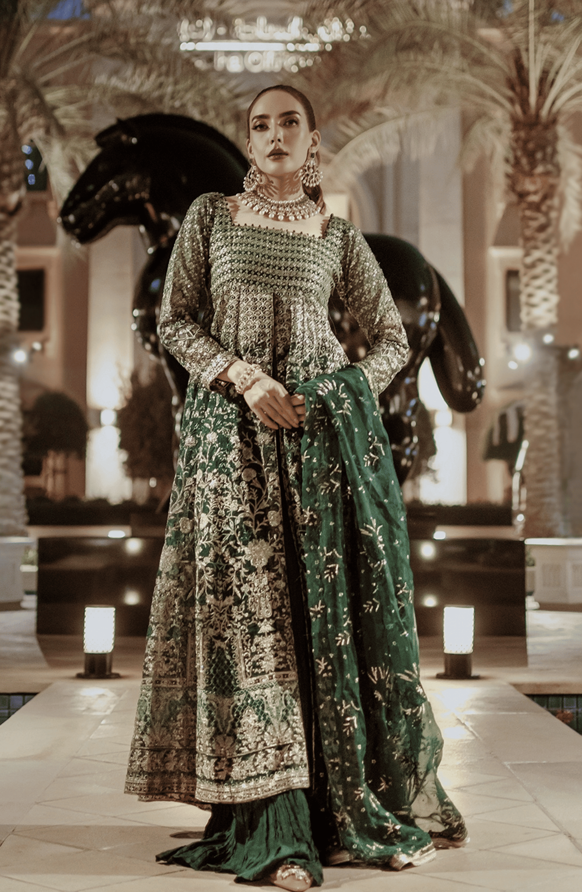 Pakistani Designers Luxury Wedding Formals by HSY-Traditional ethnic look in Hoor stunning emerald green pishwas outfit.