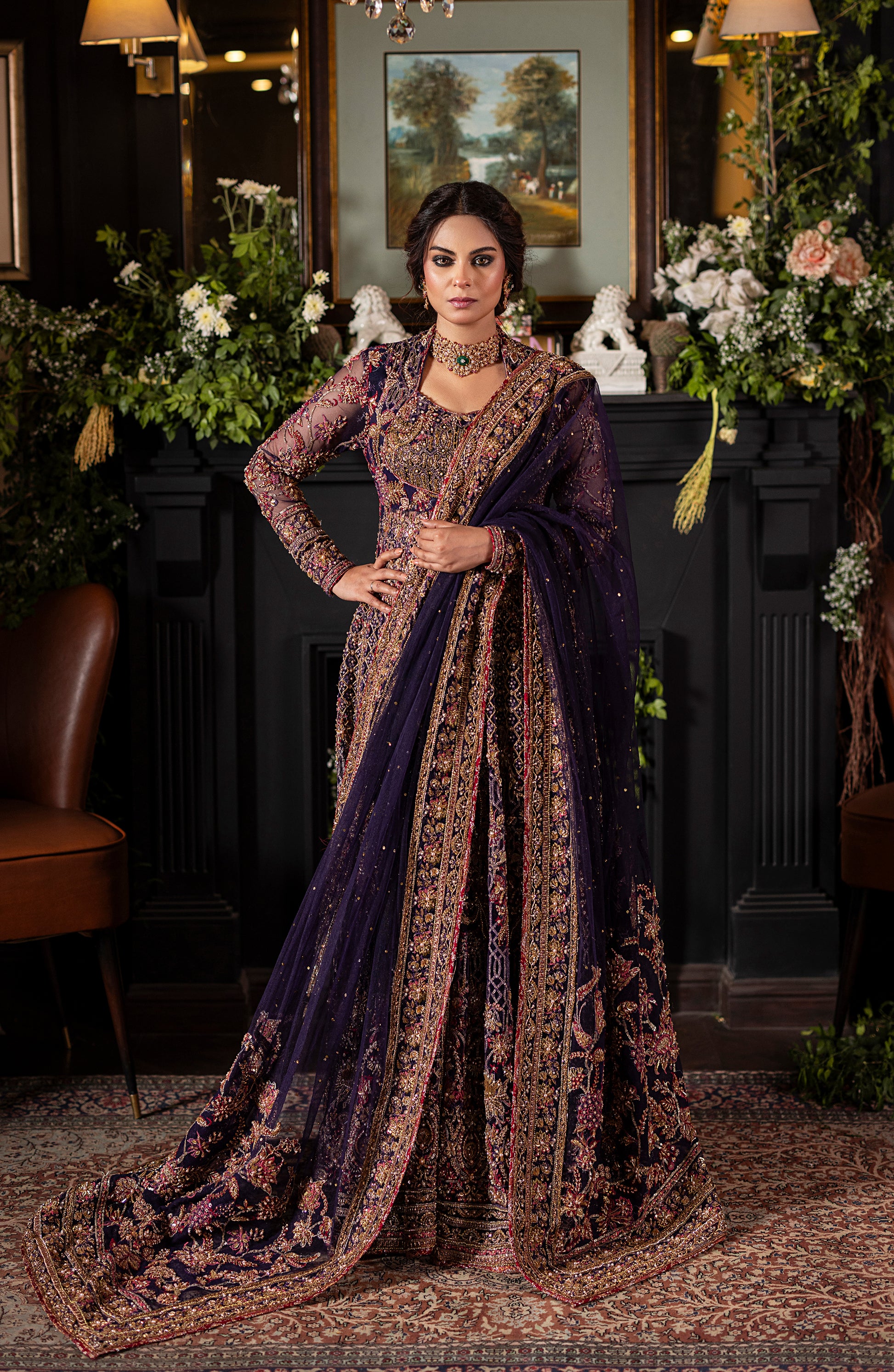 Dupatta draping style of Irish purple gown and lehenga set