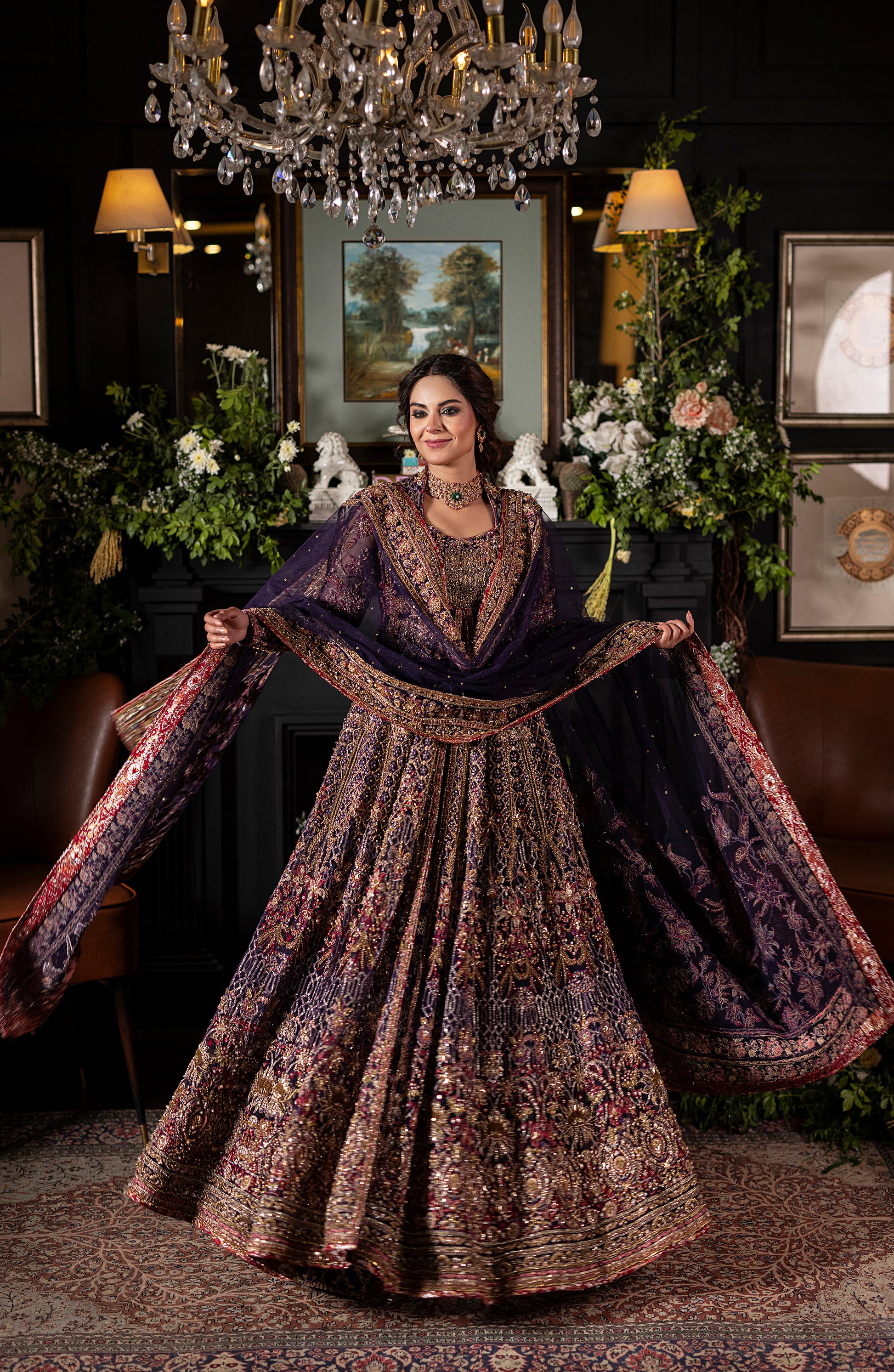Flared lehenga design with Irish purple gown set
