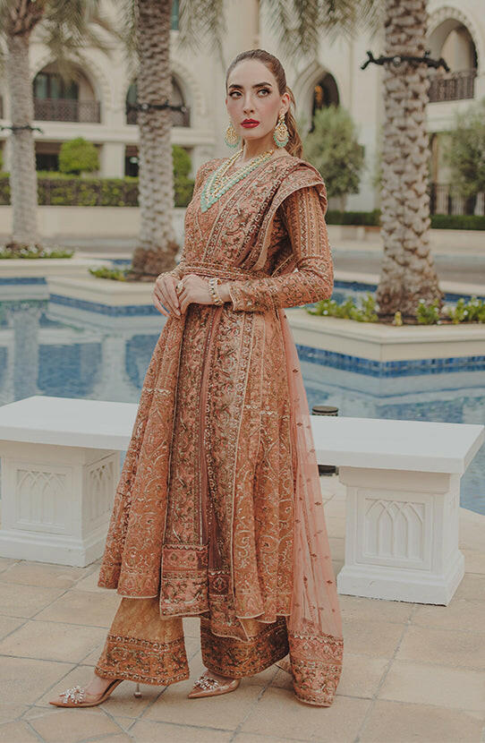 Traditional red Pishwas for wedding -Full outfit view of Jahan Ara ensemble in coral pink with dupatta.