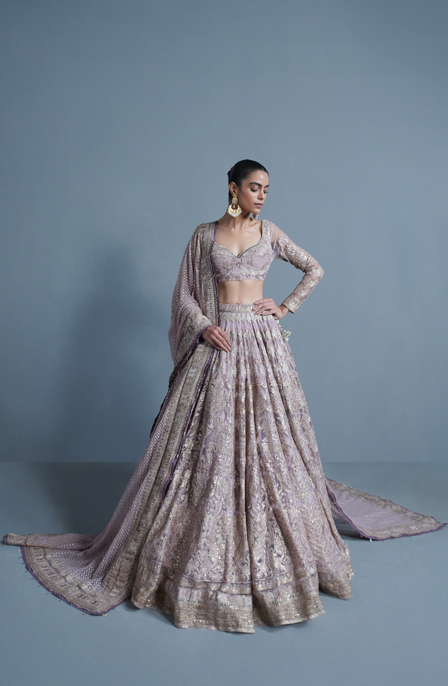 HSY Trousseau luxury Lehenga Choli in USA-Stylish dupatta draping completing the lavender haze lehenga look.
