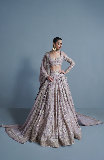 HSY Trousseau luxury Lehenga Choli in USA-Stylish dupatta draping completing the lavender haze lehenga look.