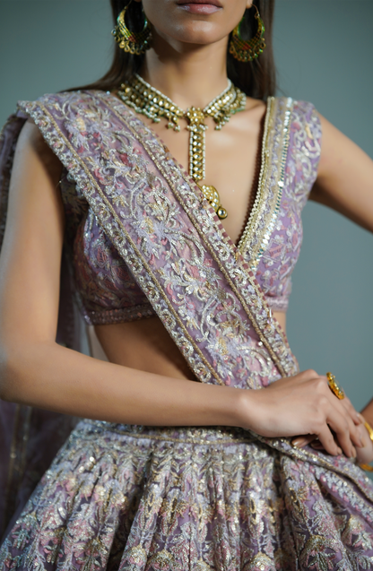 Lehenga choli for women USA-Draped dupatta style completing the lilac breeze lehenga choli look.