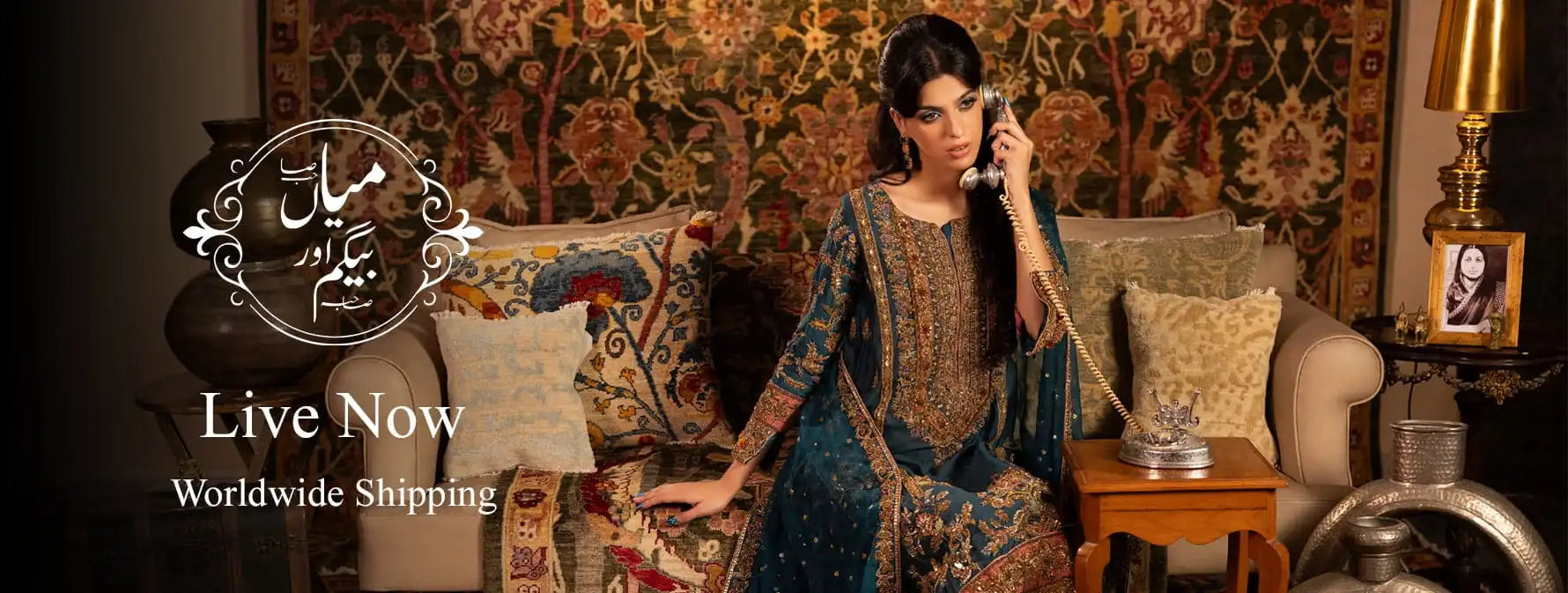 Woman in traditional attire sitting on a couch with decorative background and text overlay.
