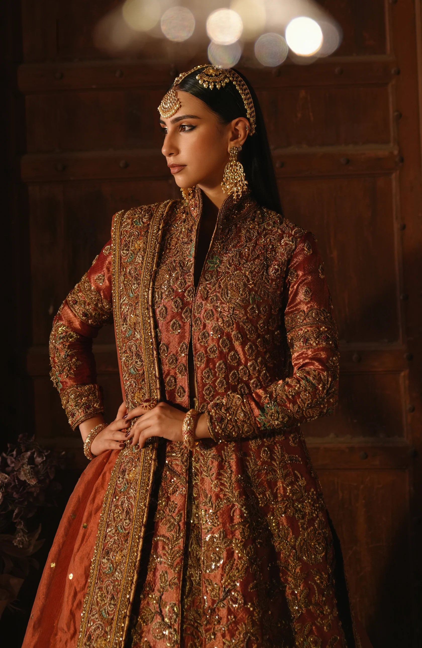 designer bridal wedding dresses online by HSY-Elegant Mahjabeen jacket ensemble in copper-rust hue with embroidery, front view.