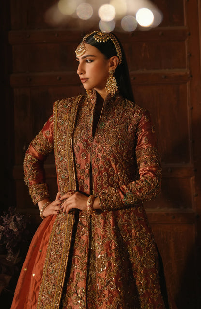 designer bridal wedding dresses online by HSY-Elegant Mahjabeen jacket ensemble in copper-rust hue with embroidery, front view.