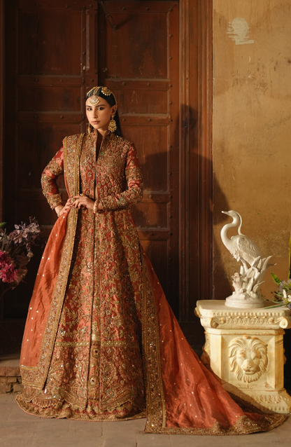 Full outfit view of Mahjabeen designer copper-rust jacket ensemble.