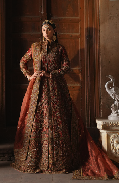 HSY | pakistani bridal dresses -Full outfit view of Mahjabeen designer copper-rust jacket ensemble.