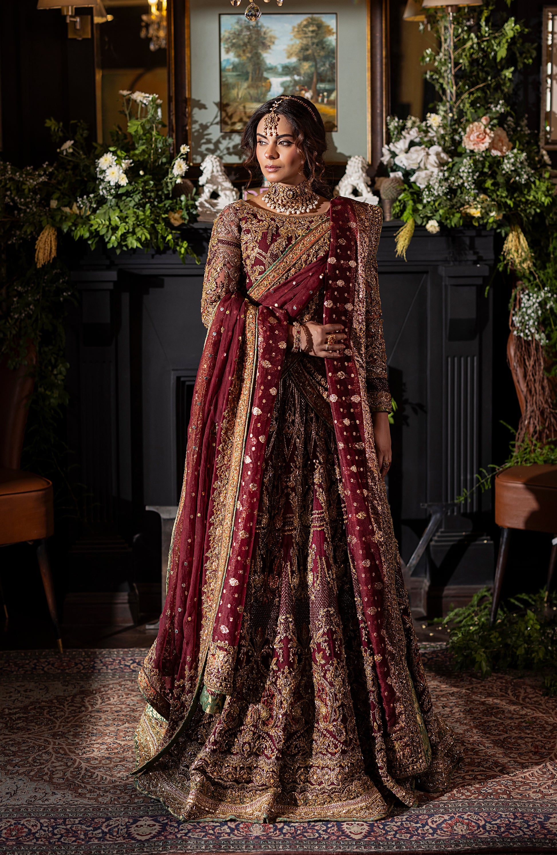 Maroon Choli Lehanga Set with Mukesh Dupatta