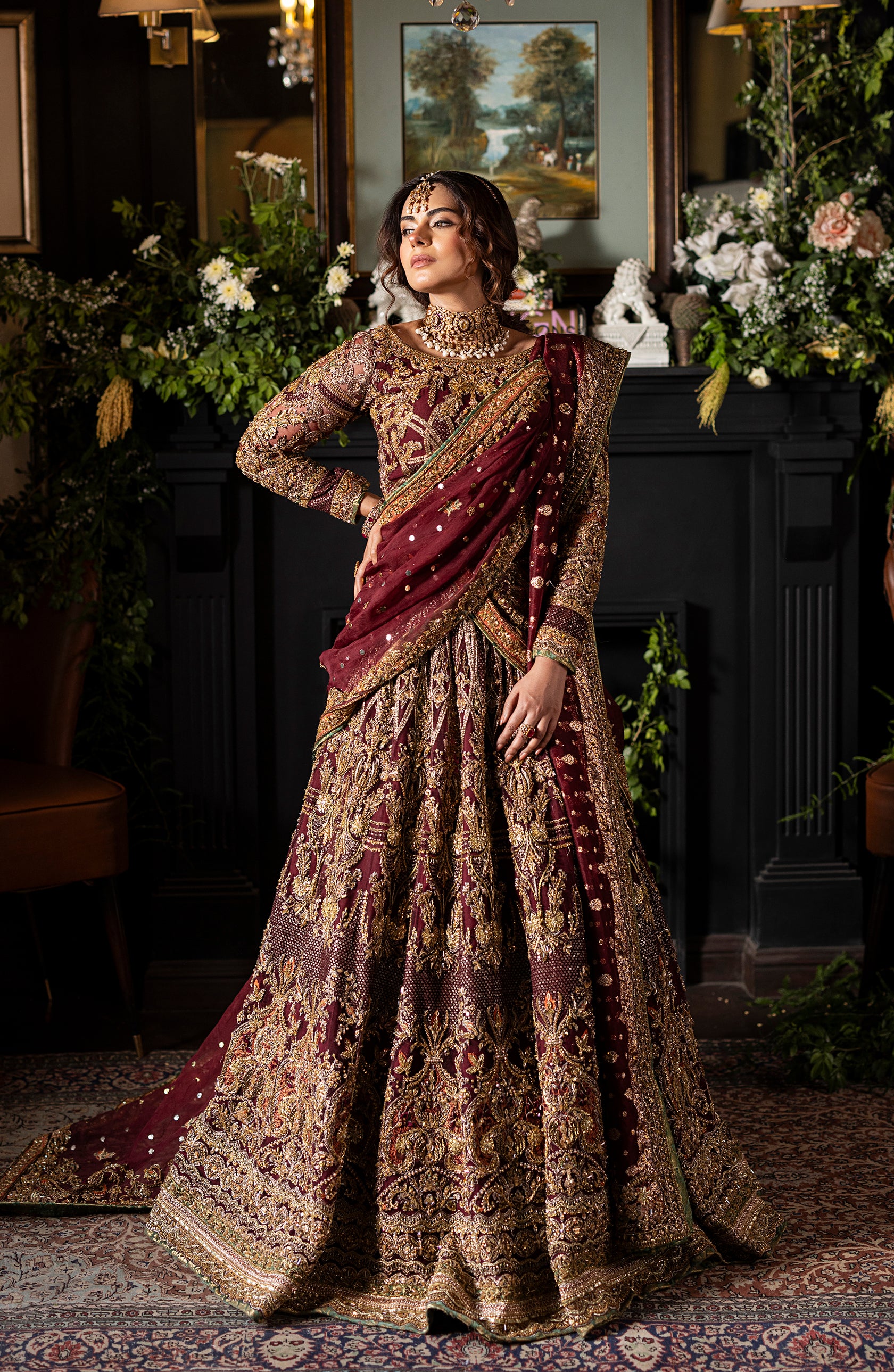 Maroon Choli Lehanga Set with Mukesh Dupatta - photo 5