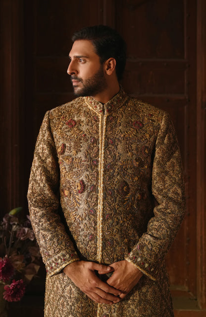 HSY Luxury Pakistani designer sherwani for wedding in USA-Elegant Meer Korean silk sherwani in mushroom hue with embroidery, front view.