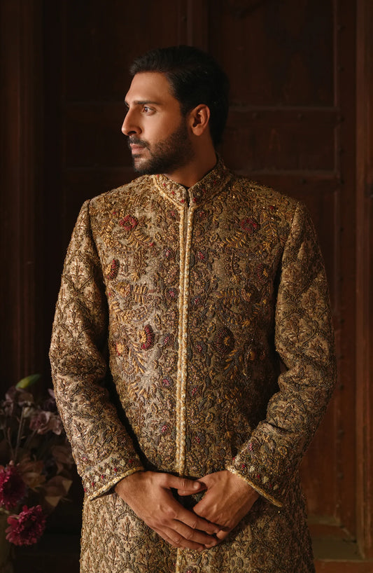 HSY Luxury Pakistani designer sherwani for wedding in USA-Elegant Meer Korean silk sherwani in mushroom hue with embroidery, front view.