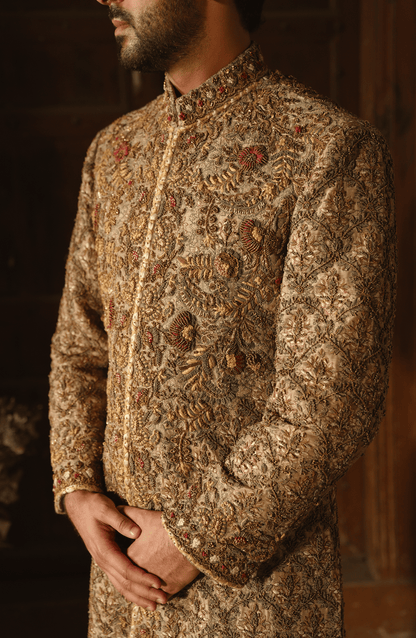 HSY | groom wear for barat-Neckline embroidery detail of Meer Korean silk sherwani outfit.
