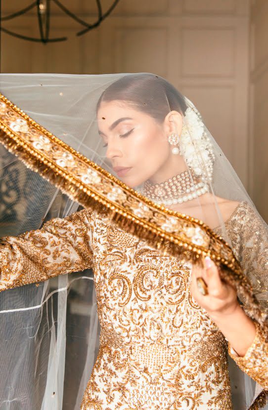 Bridal Scoop-back Mermaid Gown with a Trail and Net Mukesh Veil-Full outfit view of Meherbano Scoop-back Gown and Net Veil