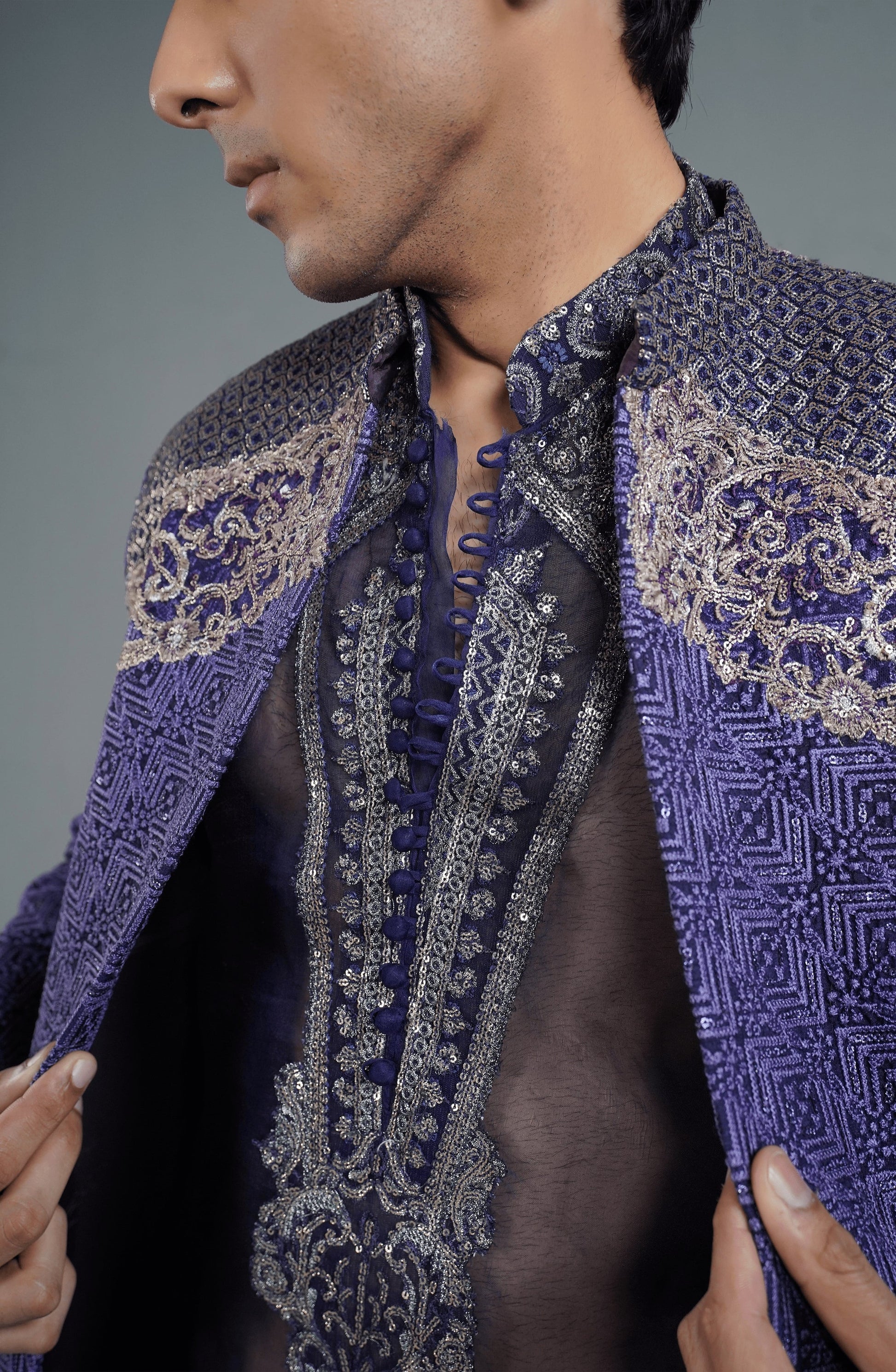 Men’s sherwani in regal and modern styles-Closeup detail of Midnight Purple silk sherwani embroidery