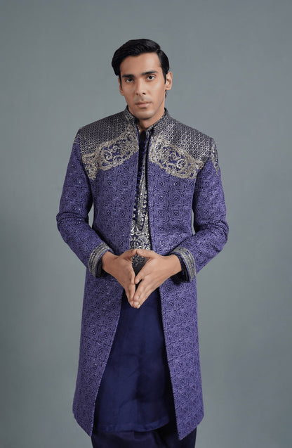 Midnight Purple - Silk Sherwani Set-Front view of Midnight Purple silk sherwani set for grooms