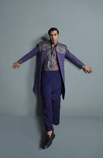 Royal designer sherwanis for formal events-Groom look in Midnight Purple silk sherwani traditional attire