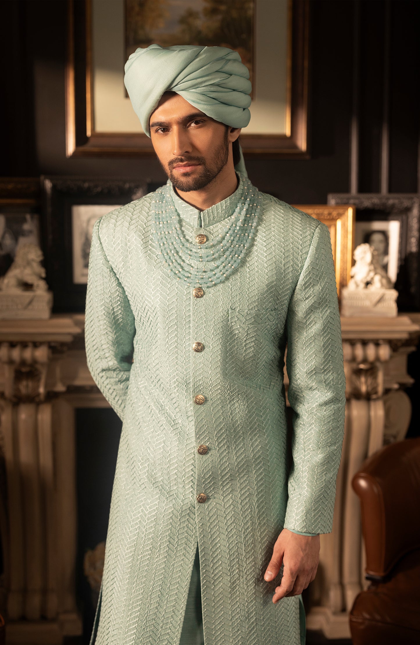 HSY Mint Blue Silk Sherwani for Weddings-Front view of mint blue silk sherwani for weddings
