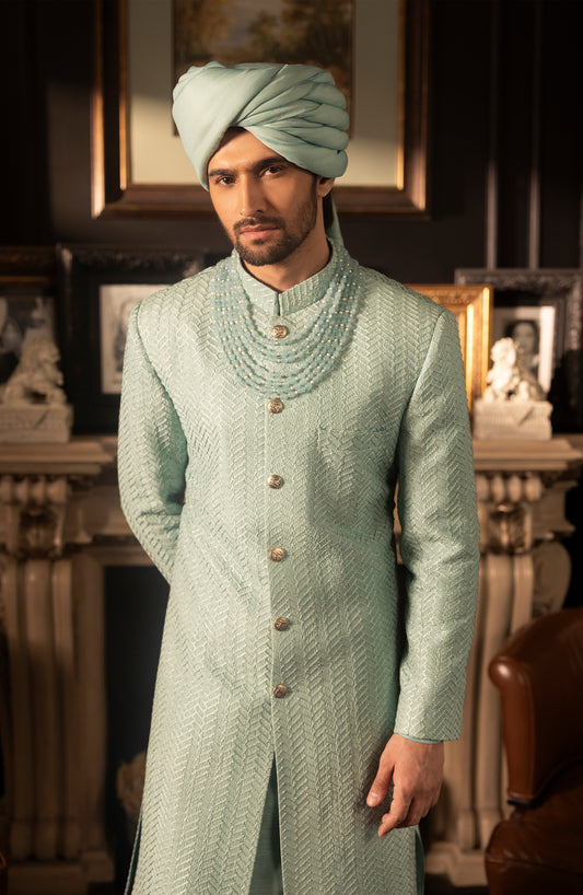 HSY Mint Blue Silk Sherwani for Weddings-Front view of mint blue silk sherwani for weddings