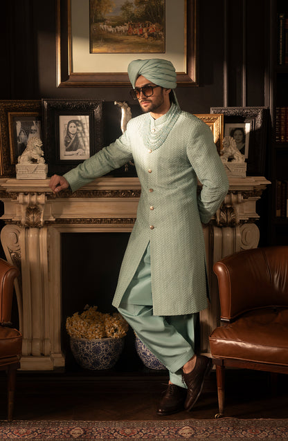 HSY Mint Blue Silk Sherwani for WeddingsBack view of model in mint blue silk sherwani for weddings
