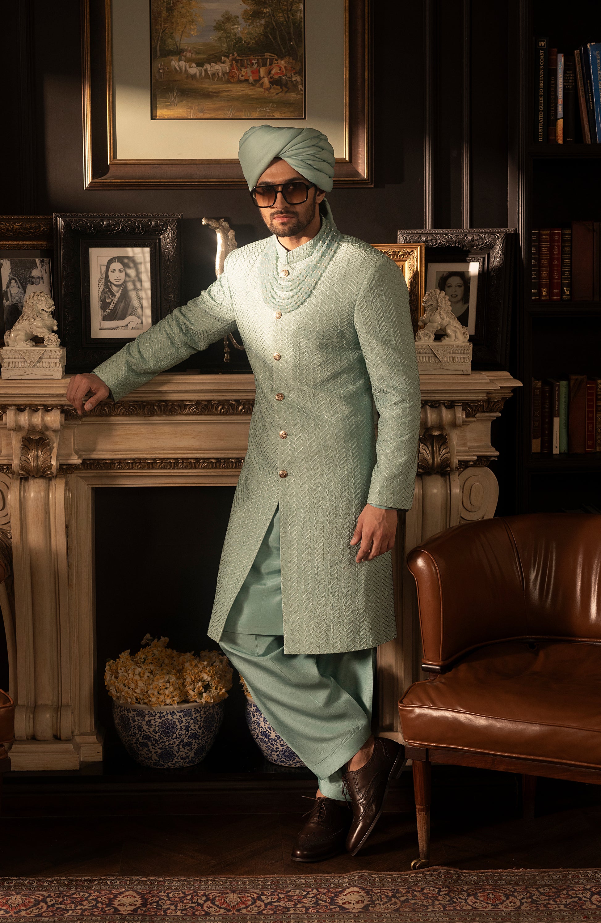 HSY Mint Blue Silk Sherwani for Weddings-Model wearing mint blue silk sherwani front pose