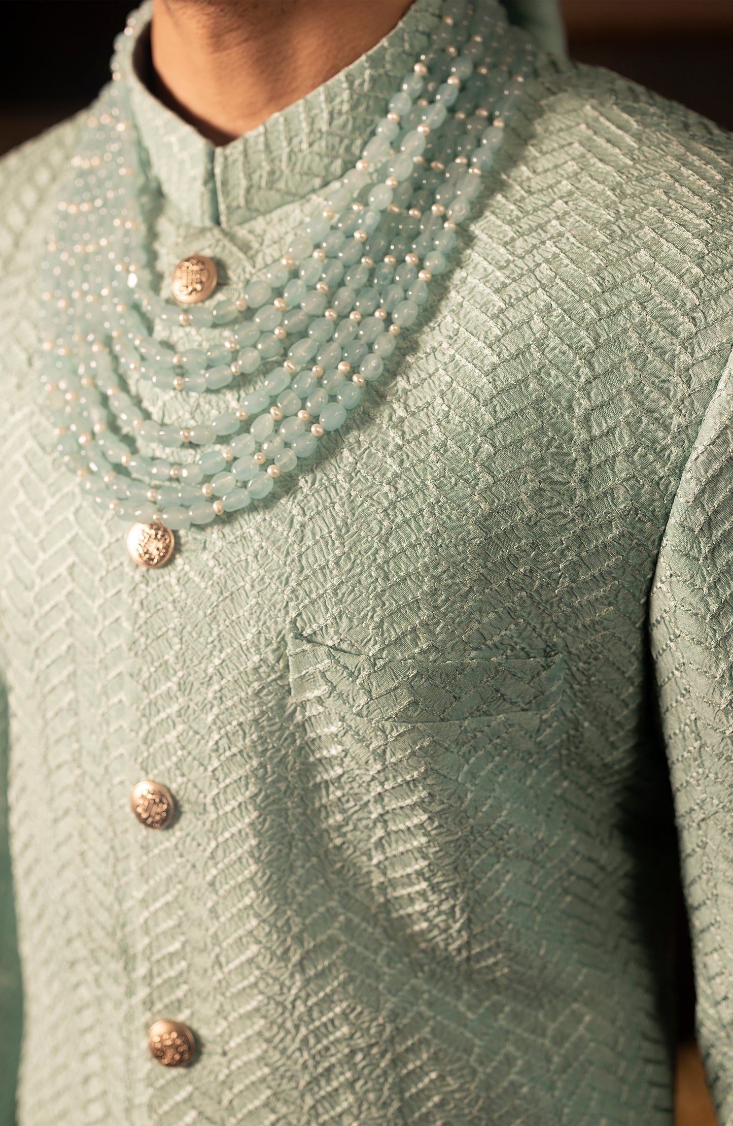 HSY Mint Blue Silk Sherwani for Weddings-Neckline style of mint blue silk sherwani groom wear