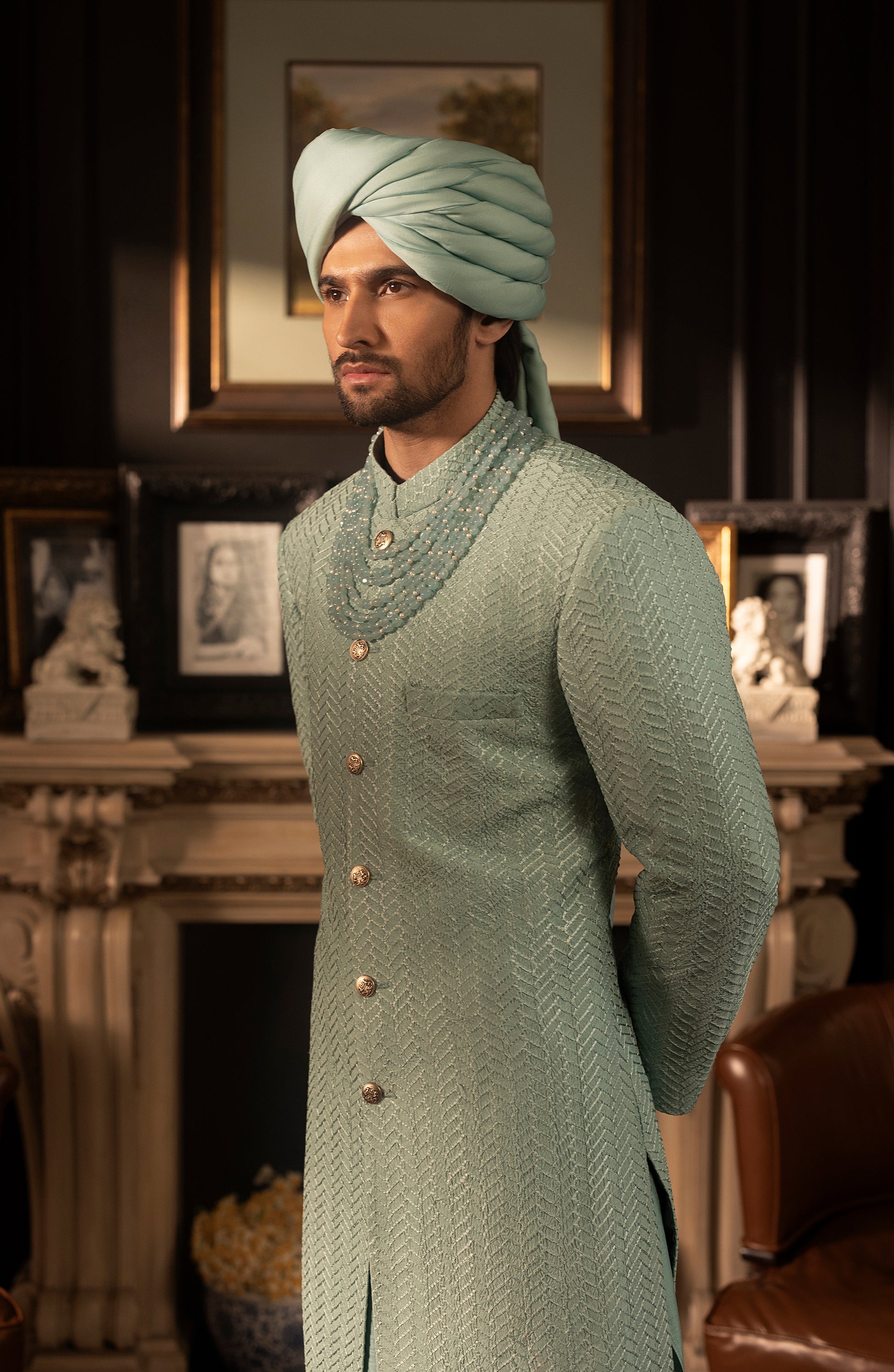 HSY Mint Blue Silk Sherwani for Weddings