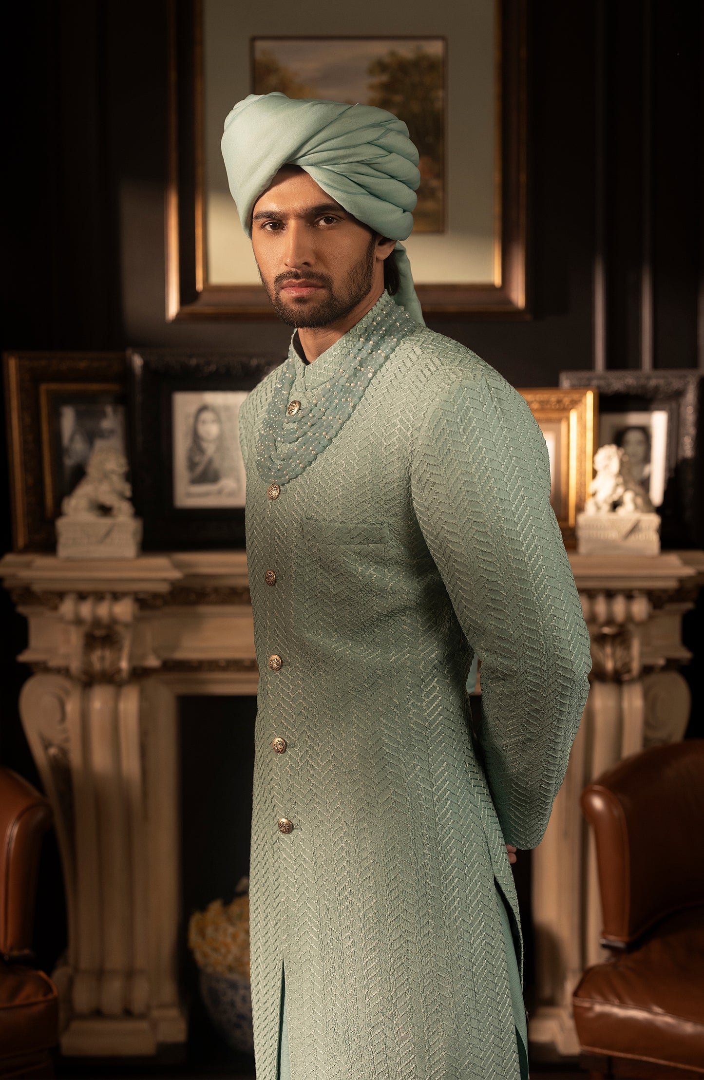 HSY Mint Blue Silk Sherwani for Weddings-Side profile of elegant mint blue silk sherwani for grooms