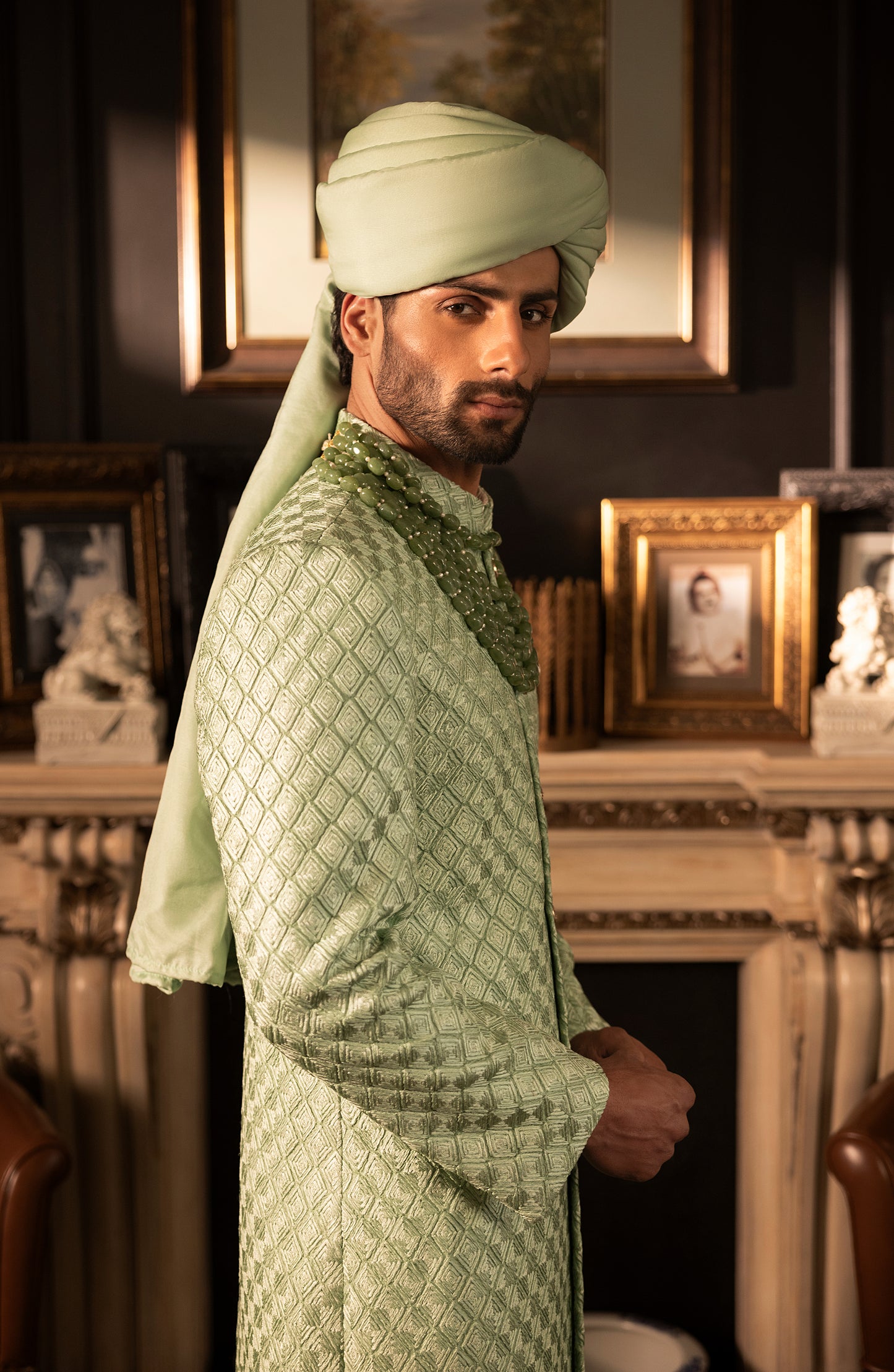 HSY Mint Green Sherwani in Silk for Weddings-Closeup of mint green silk sherwani fabric and embroidery