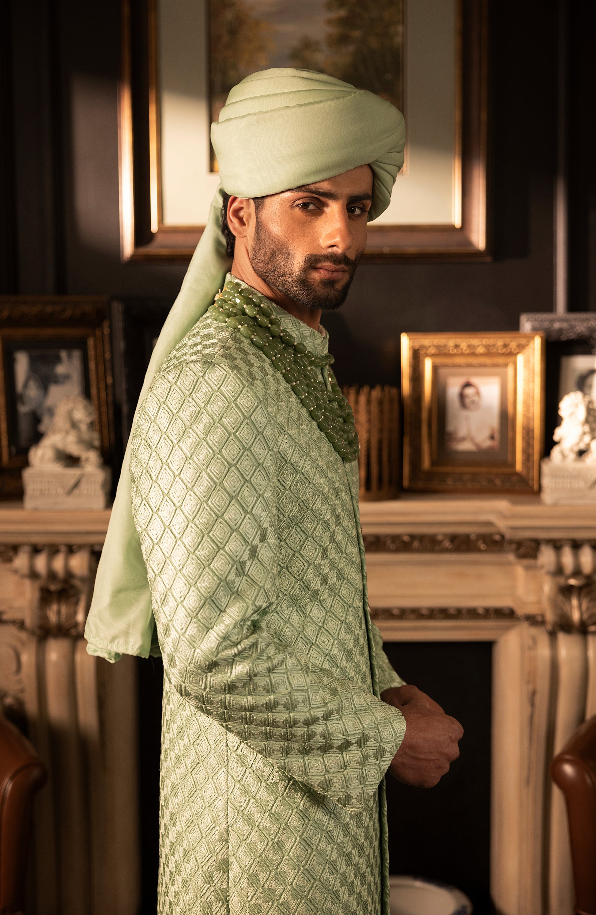 HSY Mint Green Sherwani in Silk for Weddings-Closeup of mint green silk sherwani fabric and embroidery