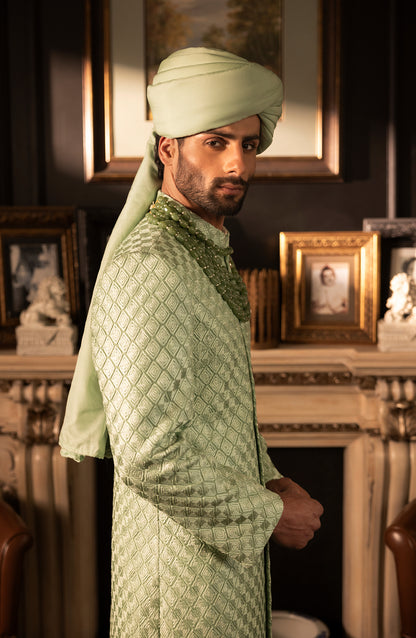 HSY Mint Green Sherwani in Silk for Weddings-Closeup of mint green silk sherwani fabric and embroidery